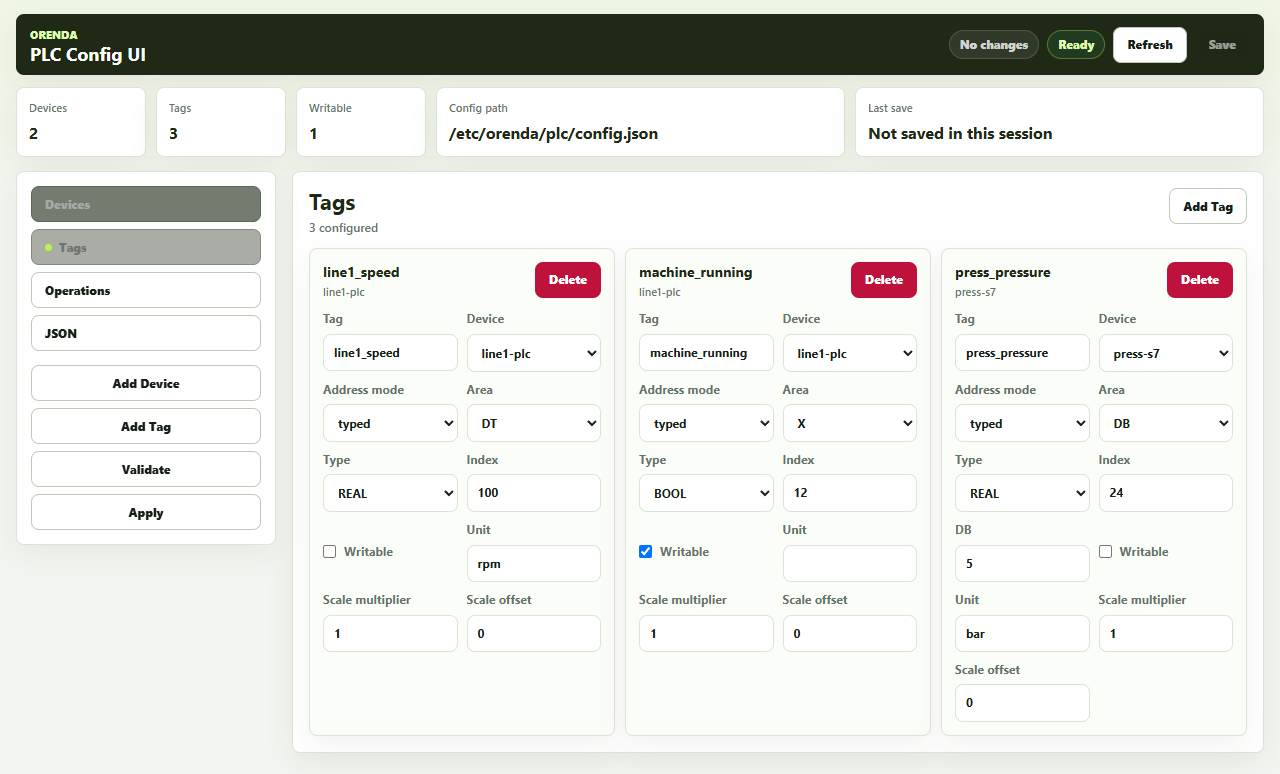 Orenda PLC Config UI screenshot 2